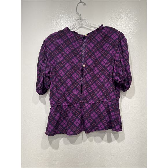 RAHL Victoria Plaid Top Women’s Size Large Purple Print Short Sleeve Blouse READ - Picture 2 of 12